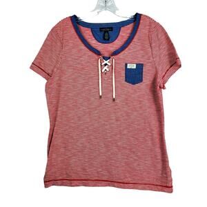 LRL Lauren Jeans Co Short Sleeve Top Nautical Red Cotton Striped Large #696